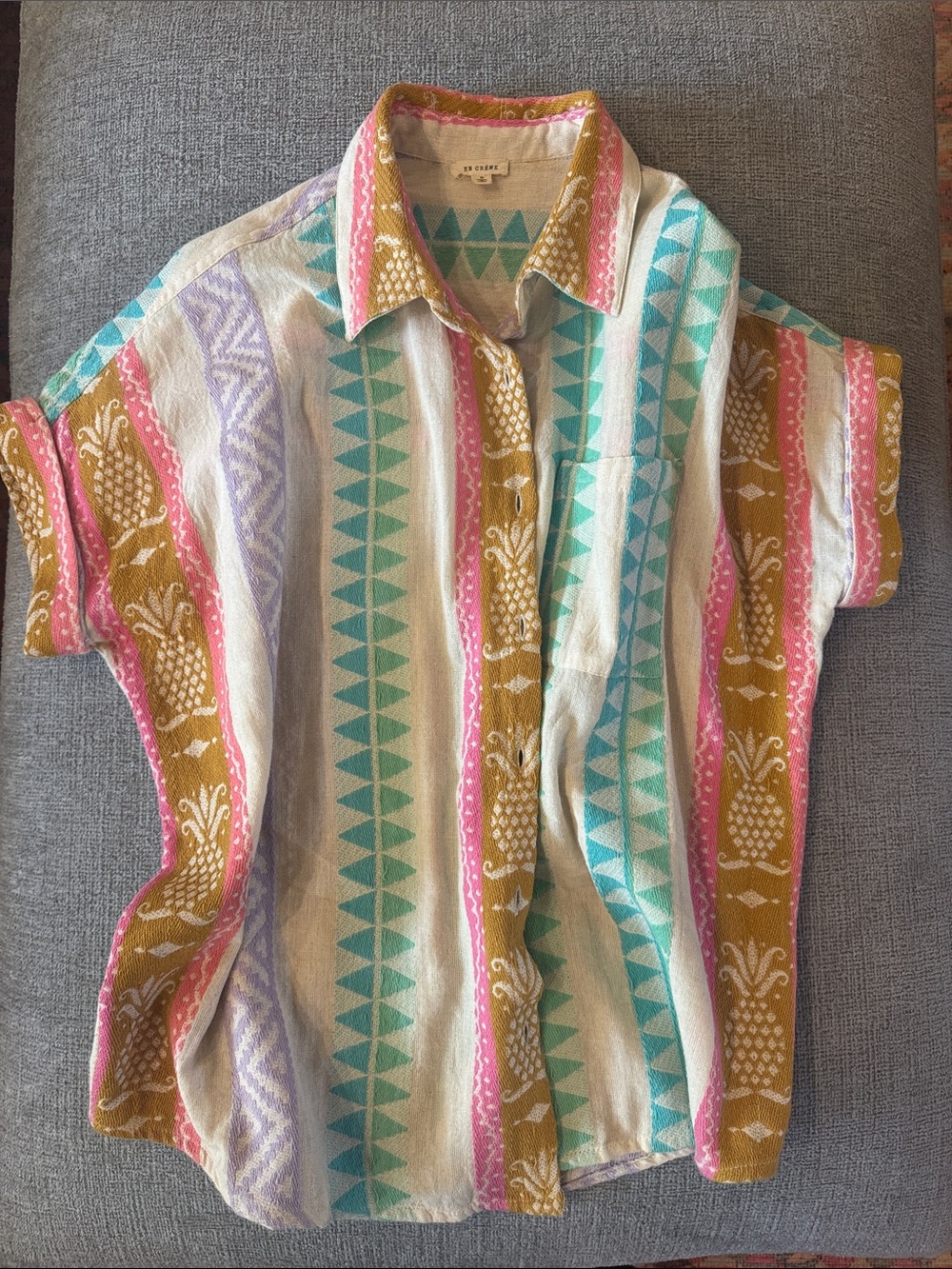 Tropical Stripe Pineapple Button-Down Shirt in Cream and Teal - Short Sleeve